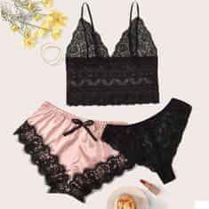 Netscroll Ženski 4-delni komplet spodnjega perila, ženska pižama s čipkastim vzorcem in pridihom svile in satena, nežno roza-črna kombinacija, nežen in udoben, hlačke, halja, brazilke in modrček, LuxurySet