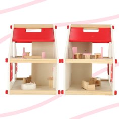 WOWO Montessori lesena hišica za punčke - Montessori lesena hišica za punčke s pohištvom, roza, 36 cm