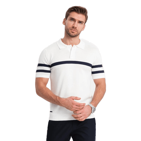 OMBRE Moška mehko pletena polo majica s kontrastnimi črtami V1 OM-POSS-0118 bela MDN124749