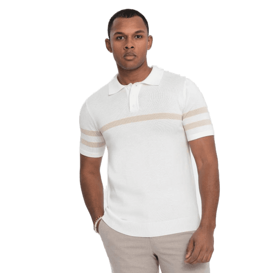 OMBRE Moška polo majica iz mehke pletenine s kontrastnimi črtami V3 OM-POSS-0118 smetanaste barve MDN124751