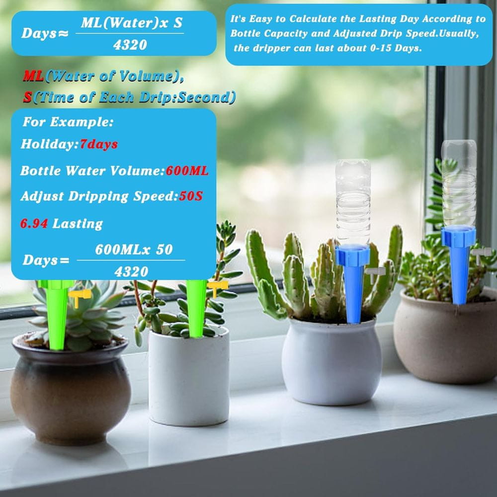 Netscroll 20x Pripomoček za avtomatsko zalivanje rastlin, dozirnik deluje na podlagi samodejnega kapljičnega namakalnega sistema, 15 dni, varčevanje z vodo, idealen za zaposlene vrtnarje, 20 kosov, PlantDrip