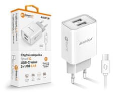 Aligator 2.4A, 2xUSB, pametni IC, bela barva, kabel USB-C