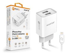 Aligator 2,4A, 2xUSB, pametni IC, bel, kabel USB za iPhone/iPad