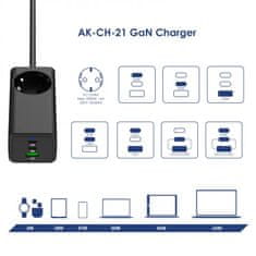 Akyga Univerzalni polnilec AC 230V + USB-A + 2xUSB-C PD 5-20V/max 5A/65W Quick Charge 3.0 GaN, črn