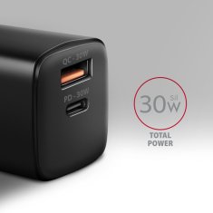 AXAGON ACU-PQ30 Polnilec 30 W, 2x vrata (USB-A + USB-C), PD3.0/PPS/QC4+/AFC/Apple, črn