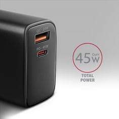 AXAGON ACU-PQ45 GaN omrežni polnilec 45 W, 2x vrata (USB-A + USB-C), PD3.0/PPS/QC4+/SFC 2.0/AFC/Apple
