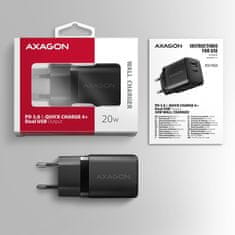 AXAGON ACU-PQ20 ACU-PQ20 AC adapter 20 W, 2x vrata (USB-A + USB-C), PD3.0/PPS/QC4+/AFC/Apple, črn