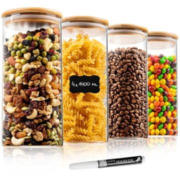 Deco Haus Komplet 4 steklenih kozarcev za večkratno uporabo z bambusovim pokrovom (4x1400ml) – nepredušni kozarci za shranjevanje živil z označevalnimi nalepkami