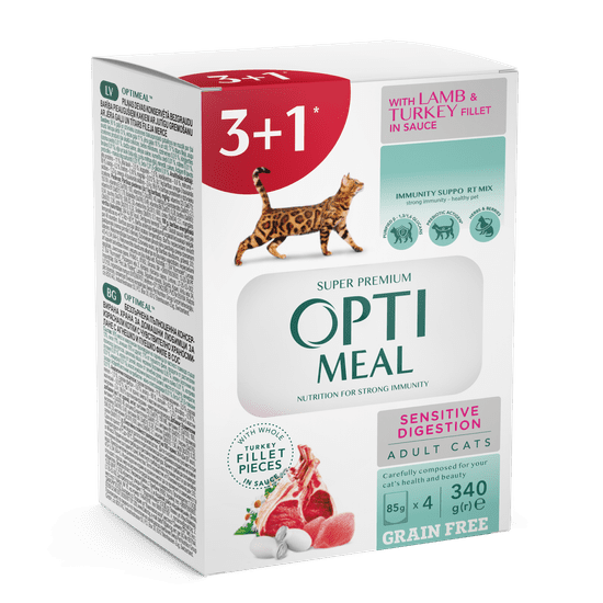 OptiMeal Odrasle mačke Jagnje in puran v omaki 4x85g (3+1)