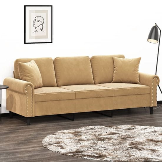 Vidaxl Kavč trosed z okrasnimi blazinami rjav 180 cm žamet