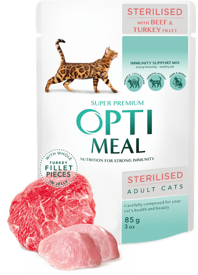 OptiMeal  mokra hrana za sterilizirane mačke - puran v omaki 12x85 g