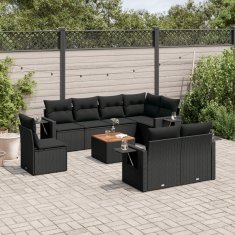Greatstore Vrtna sedežna garnitura 9-delna z blazinami črn poli ratan