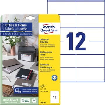 Avery Zweckform univerzalne etikete 3424-10, 105 x 48 mm, Ultragrip, 120 etiket/zavitek, A4, za tiskanje