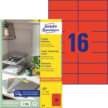 Avery Zweckform etikete 3452, 105 x 37 mm, rdeče, 1600 etiket/zavitek, A4, za tiskanje