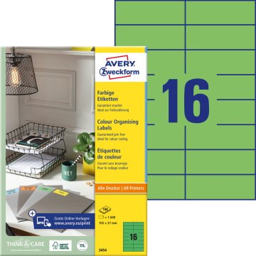 Avery Zweckform etikete 3454, 105 x 37 mm, zelene, 1600 etiket/zavitek, A4, za tiskanje