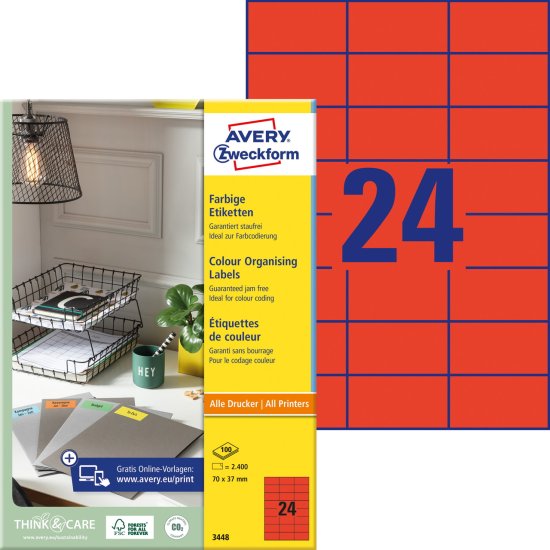 Avery Zweckform etikete 3448, 70 x 37 mm, rdeče, 2400 etiket/zavitek