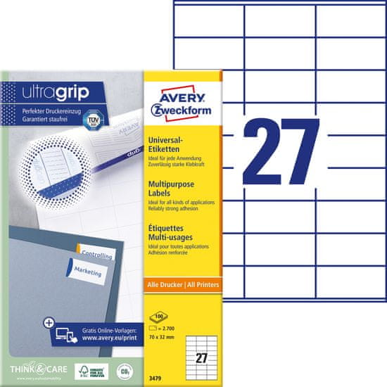 Avery Zweckform univerzalne etikete 3479, 70 x 32 mm, Ultragrip, 2700 etiket/zavitek, A4, za tiskanje
