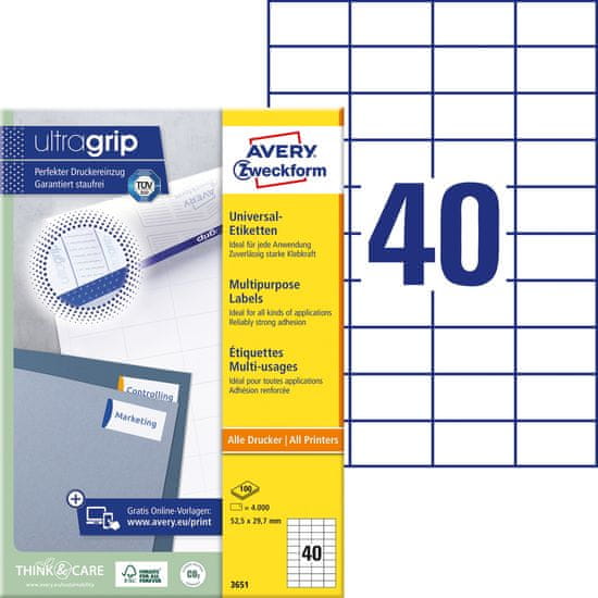 Avery Zweckform univerzalne etikete 3651, 52.5 x 29.7 mm, Ultragrip, 4000 etiket/zavitek, A4, za tiskanje