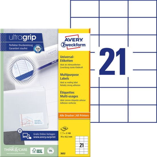 Avery Zweckform univerzalne etikete 3652, 70 x 42.3 mm, Ultragrip, 2100 etiket/zavitek, A4, za tiskanje