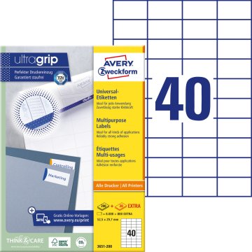 Avery Zweckform univerzalne etikete 3651-200, 52.5 x 29.7 mm, Ultragrip, 8000 + 800 brezplačnih etiket/zavitek, A4, za tiskanje
