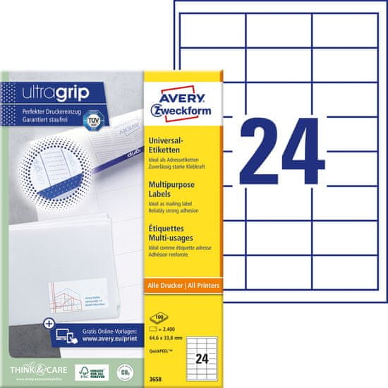 Avery Zweckform univerzalne etikete 3658, 64.6 x 33.8 mm, Ultragrip, 2400 etiket/zavitek, A4, za tiskanje