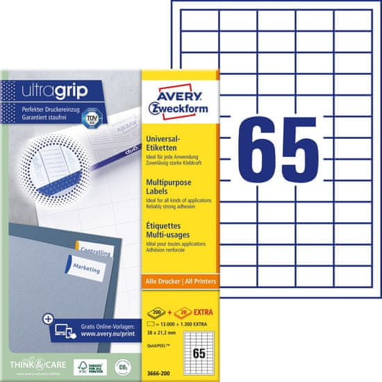Avery Zweckform univerzalne etikete 3666-200, 38 x 21.2 mm, Ultragrip, 13000 + 1300 brezplačnih etiket/zavitek, A4, za tiskanje