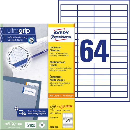 Avery Zweckform univerzalne etikete 3667-200, 48.5 x 16.9 mm, Ultragrip, 12800 + 1280 brezplačnih etiket/zavitek, A4, za tiskanje