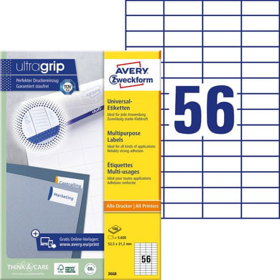 Avery Zweckform univerzalne etikete 3668, 52.5 x 21.2 mm, Ultragrip, 5600 etiket/zavitek, A4, za tiskanje