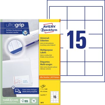 Avery Zweckform univerzalne etikete 3672, 64 x 50 mm, Ultragrip, 1500 etiket/zavitek, A4, za tiskanje