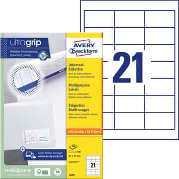 Avery Zweckform univerzalne etikete 3670, 64 x 36 mm, Ultragrip, 2100 etiket/zavitek, A4, za tiskanje
