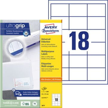 Avery Zweckform univerzalne etikete 3671, 64 x 45 mm, Ultragrip, 1800 etiket/zavitek, A4, za tiskanje