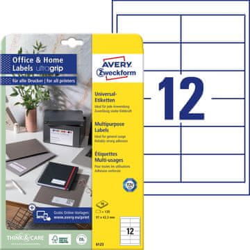 Avery Zweckform univerzalne etikete 6123, 97 x 42.3 mm, Ultragrip, 120 etiket/zavitek, A4, za tiskanje