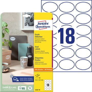 Avery Zweckform ovalne etikete 6242-10, 63.5 x 42.3 mm, 180 etiket/zavitek, A4, za tiskanje