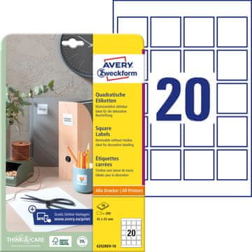 Avery Zweckform kvadratne etikete 6252REV-10, 45 x 45 mm, odstranljive, 200 etiket/zavitek, A4, za tiskanje