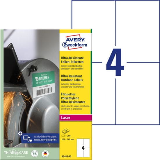 Avery Zweckform izjemno odporne etikete B3483-50, 105 x 148 mm, bele polietilenske etikete, A4, za tiskanje