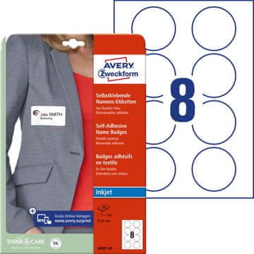 Avery Zweckform samolepilne priponke za imena J4881-20, okrogle premer 65 mm, 160 priponk/zavitek, A4, identifikacijske kartice, za tiskanje z inkjetom