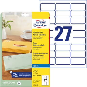 Avery Zweckform transparentne mat etikete J4721-25, 63.5 x 29.6 mm, A4, prozorne