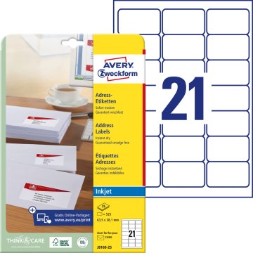 Avery Zweckform etikete J8160-25, 63.5 x 38.1 mm, za inkjet tiskalnike, 525 etiket/zavitek, A4
