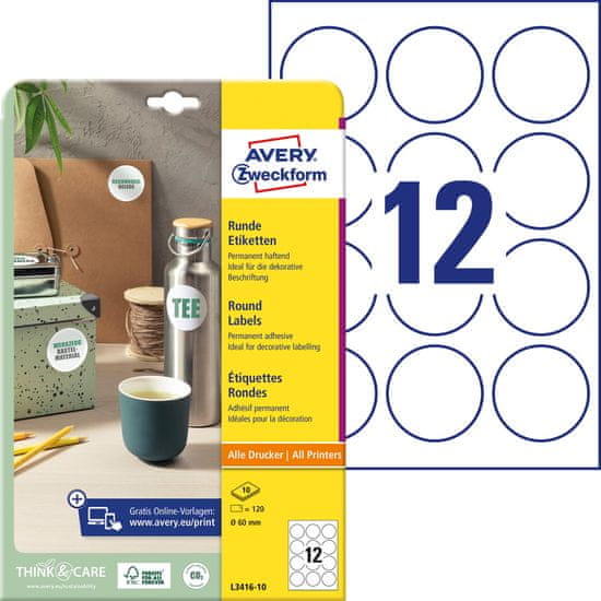 Avery Zweckform okrogle etikete L3416-10, premer 60 mm, 120 etiket/zavitek, A4, za tiskanje