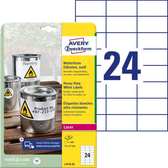 Avery Zweckform zelo odporne etikete L4718-20, 70 x 37 mm, bele poliestrske etikete, A4