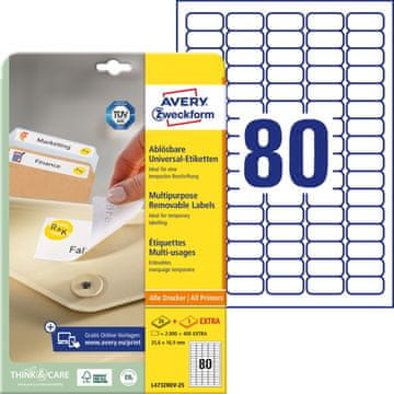 Avery Zweckform odstranljive etikete L4732REV-25, 35.6 x 16.9 mm, bele, 2000 + 400 brezplačnih etiket/zavitek, A4, za tiskanje