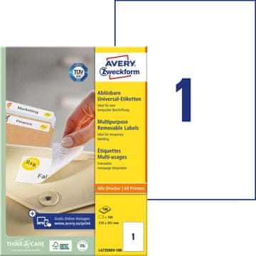 Avery Zweckform odstranljive etikete L4735REV-100, 210 x 297 mm, bele, 100 etiket/zavitek, A4, za tiskanje