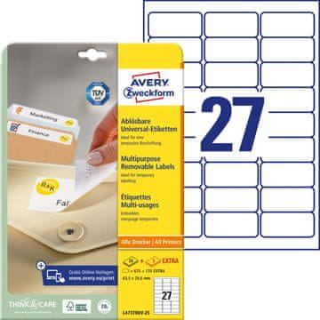 Avery Zweckform odstranljive etikete L4737REV-25, 63.5 x 29.6 mm, bele, 675 + 135 brezplačnih etiket/zavitek, A4, za tiskanje