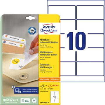 Avery Zweckform odstranljive etikete L4744REV-25, 96 x 50.8 mm, bele, 250 + 50 brezplačnih etiket/zavitek, A4, za tiskanje