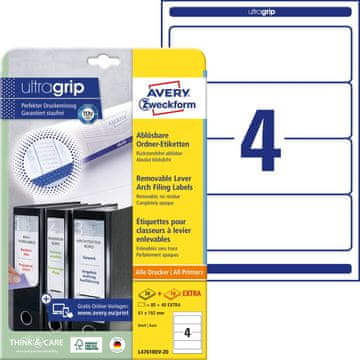 Avery Zweckform odstranljive etikete za registratorje L4761REV-20, 192 x 61 mm, 80 + 40 brezplačnih etiket/zavitek, A4, za tiskanje