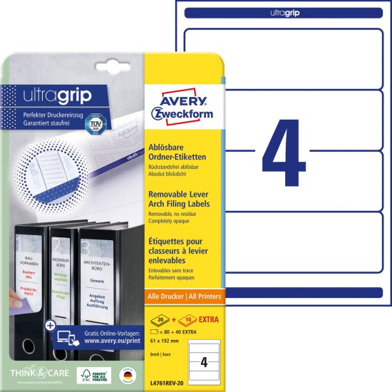 Avery Zweckform odstranljive etikete za registratorje L4761REV-20, 192 x 61 mm, 80 + 40 brezplačnih etiket/zavitek, A4, za tiskanje