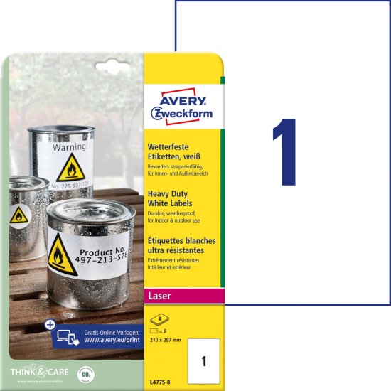 Avery Zweckform zelo odporne etikete L4775-8, 210 x 297 mm, bele poliestrske etikete, A4, za tiskanje