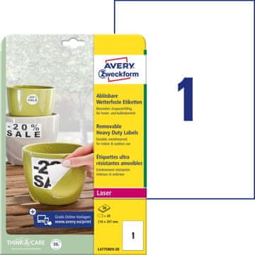 Avery Zweckform zelo odporne etikete L4775REV-20, 210 x 297 mm, bele poliestrske etikete, odstranljivo lepilo, A4, za tiskanje