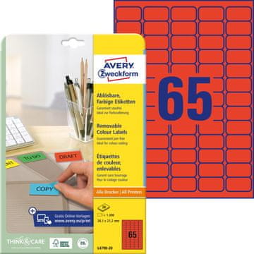Avery Zweckform odstranljive etikete L4790-20, 38.1 x 21.2 mm, rdeče, 1300 etiket/zavitek, A4, barvne nalepke za tiskanje