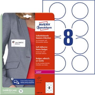 Avery Zweckform samolepilne priponke za imena L4881-20, okrogle premer 65 mm, 160 priponk/zavitek, A4, identifikacijske kartice, za tiskanje z laserjem